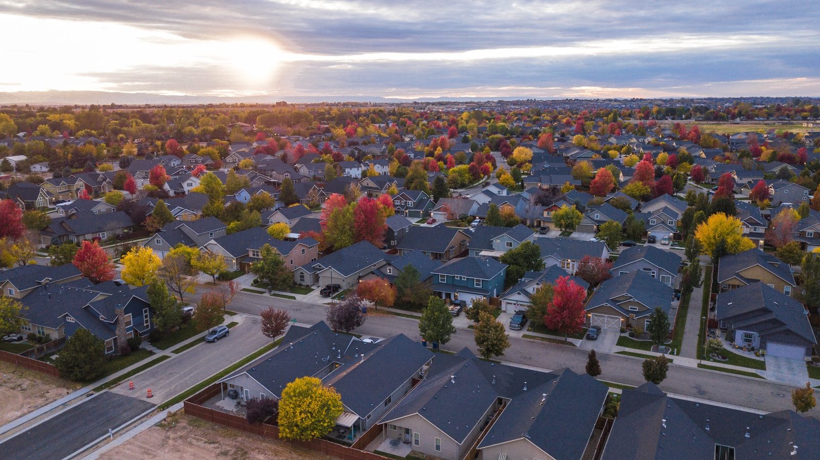 Aerial view of residential neighborhood on the San Mateo Peninsula at sunset