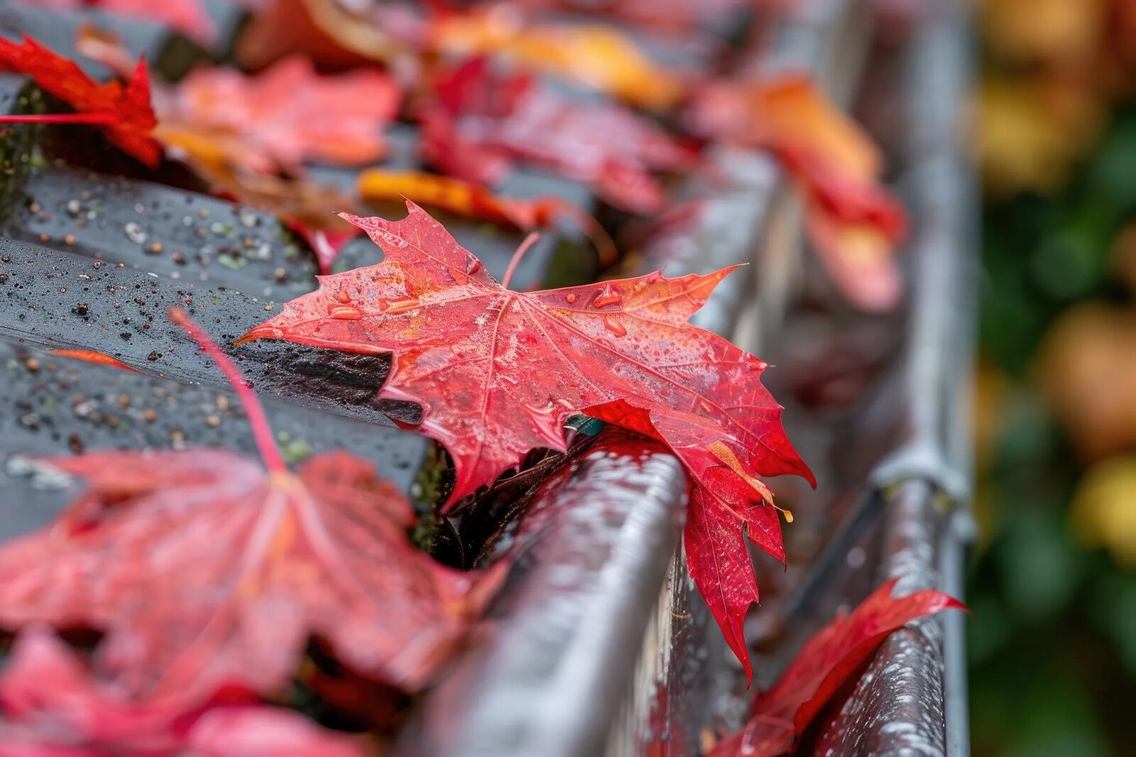 Wet leaves packed into a rain gutter, the kind of small deferred repair a walk-through names
