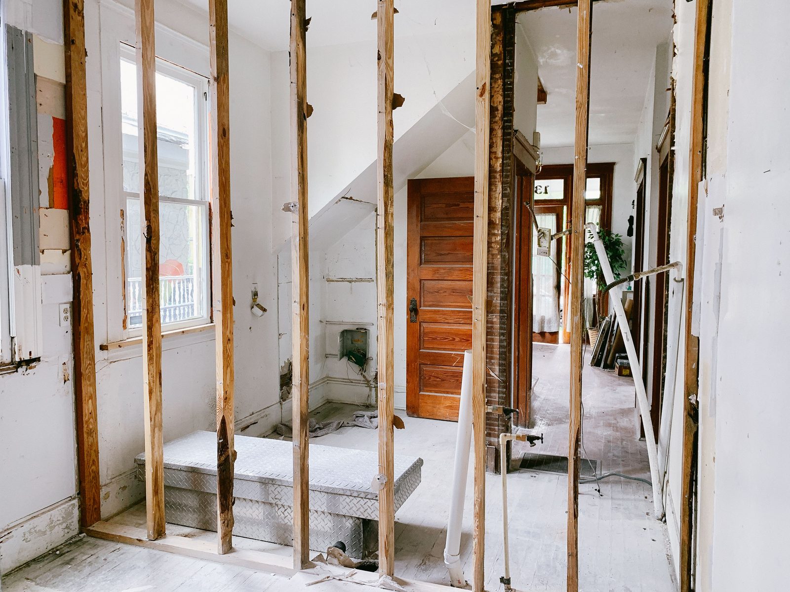 Interior of an older Bay Area home opened to the studs during a full remodel